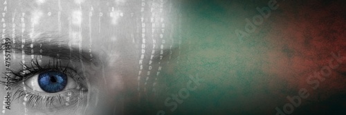 Composite image of binary coding data processing over close up of a female eye and grunge background