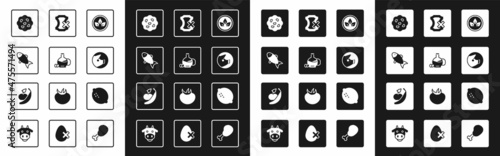 Set Vegan food diet, Bottle of olive oil, Fish, Cookie or biscuit, Pig, No leather, Lemon and Apple and banana icon. Vector