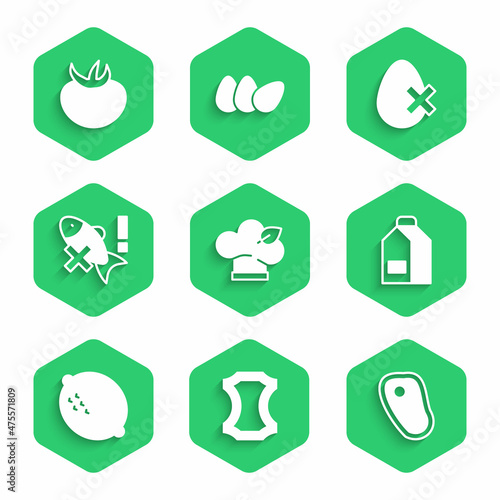 Set Vegan food diet, Leather, Steak meat, Paper package for milk, Lemon, No fish, egg and Tomato icon. Vector