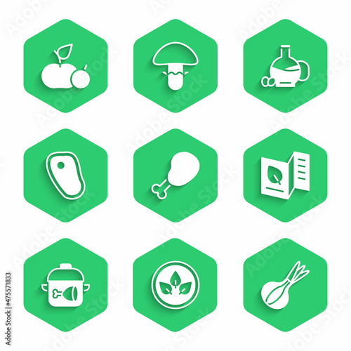 Set Chicken leg, Vegan food diet, Onion, Vegetarian menu, Cooking pot and chicken, Steak meat, Bottle of olive oil and Apple icon. Vector