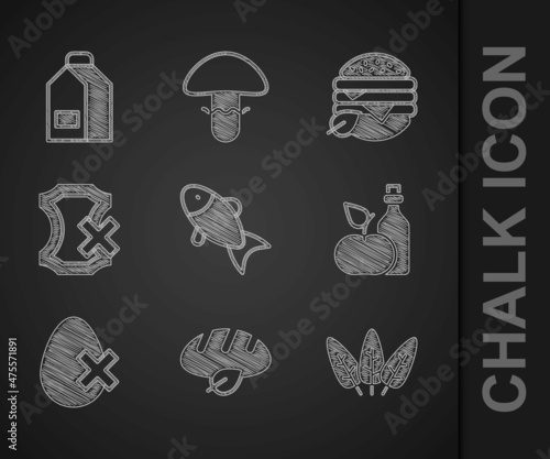 Set Fish, Vegan bread loaf, Leaf, Apple cider vinegar in bottle, No egg, leather, food diet and Paper package for milk icon. Vector