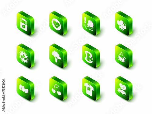 Set Heart rate, No chicken leg, Vegan food diet, Bottle of olive oil, Steak meat, leather, shirt and Fresh berries icon. Vector