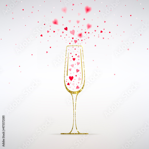 Golden Glass of Champagne with Red Hearts Fireworks