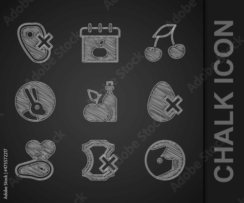 Set Apple cider vinegar in bottle, No leather, Pig, egg, Steak meat, Rabbit, Fresh berries and icon. Vector