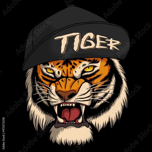 Angry tiger wearing cool hat vector illustration