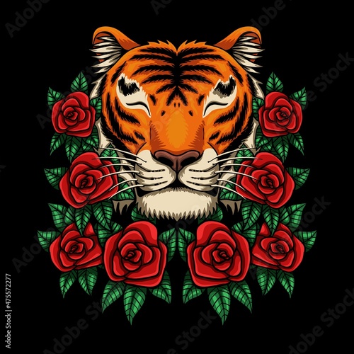 Fototapeta Naklejka Na Ścianę i Meble -  Smile tiger with rose flower vector illustration