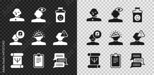 Set Tear cry eye, Solution problem in psychology, Antidepressants, Psychology book, Psychological test, Online psychological counseling, Male doctor and Concussion, headache icon. Vector