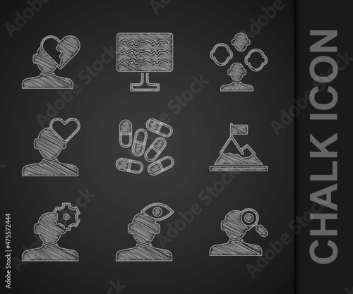 Set Medicine pill or tablet, Solution problem psychology, Finding, Mountains with flag top, Broken heart divorce, Schizophrenia and icon. Vector