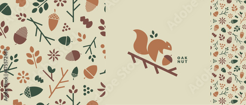 Visual identity for an eco-responsible brand, with squirrel logo, acorn icon and a floral and gourmet pattern.  photo