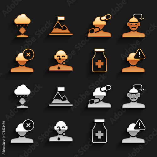 Set Tear cry eye, Concussion, headache, Finding problem in psychology, Sedative pills, Solution, Depression and frustration and Mountains with flag top icon. Vector