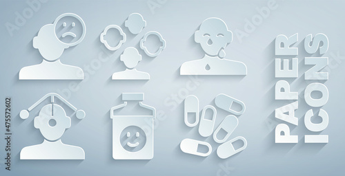 Set Antidepressants, Tear cry eye, Hypnosis, Medicine pill or tablet, Schizophrenia and Sad and depressed man, bad mood icon. Vector