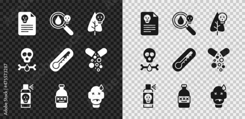 Set Radiation warning document, Poison magnifying glass, flower, Spray against insects, Poisoned alcohol, Man poisoning, Bones and skull and Thermometer icon. Vector