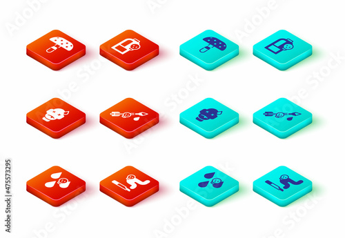 Set Acid rain, Cigarette, Man poisoning, Poison the arrow, Beaker with toxic liquid and Fly agaric mushroom icon. Vector