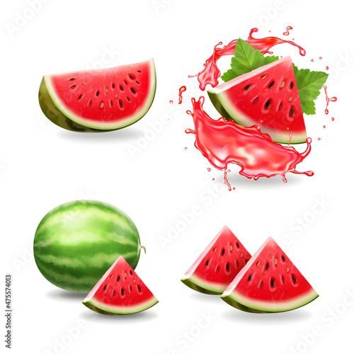 Watermelon realistic set, 3d ripe slice in watermelon juice splash vector