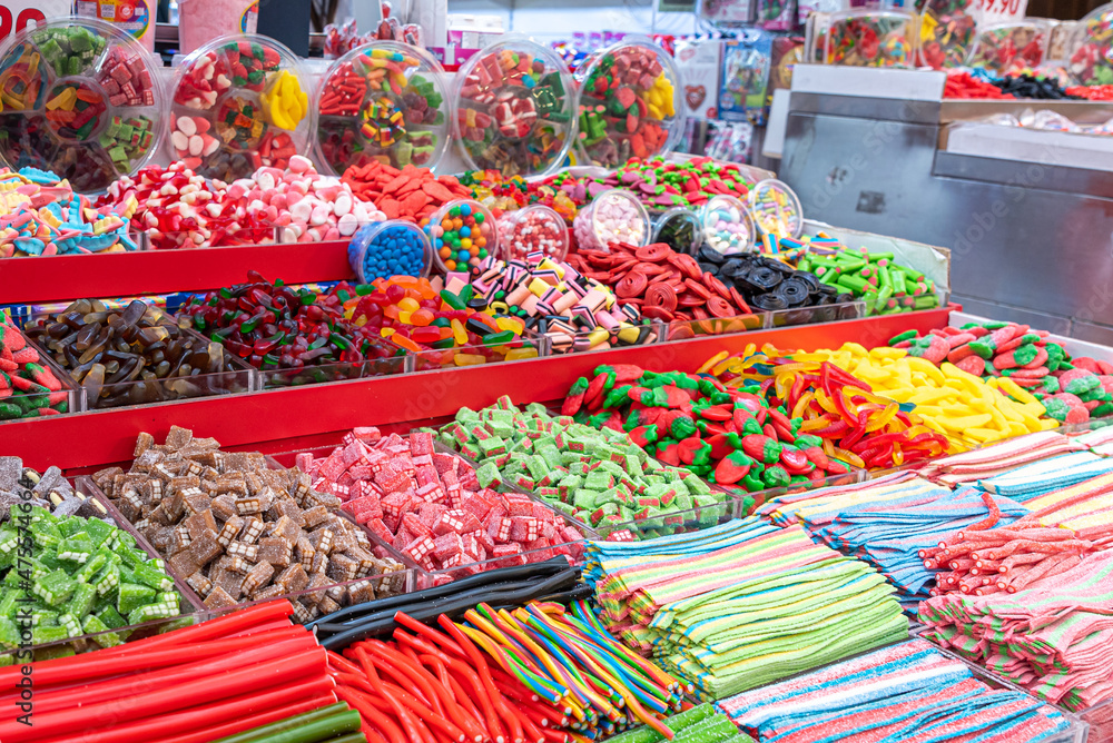 Assorted colorful candy at Mahane Yehuda Market in Jerusalem, Israel.

