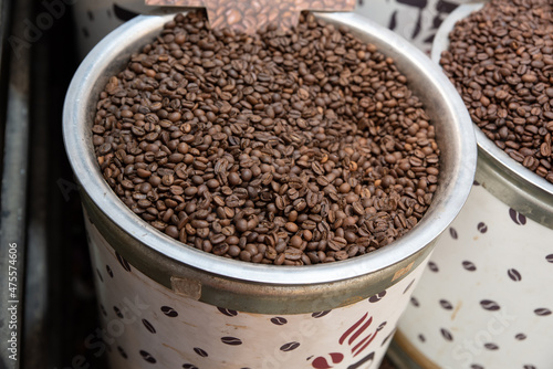 Coffee beans in large container at Mahane Yehuda Market in Jerusalem, Israel 