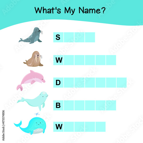 Whats my name worksheet. Cute Animal vector with guessing their name Worksheet. Educational activity for preschool kids. Preschool Education. Vector illustration.