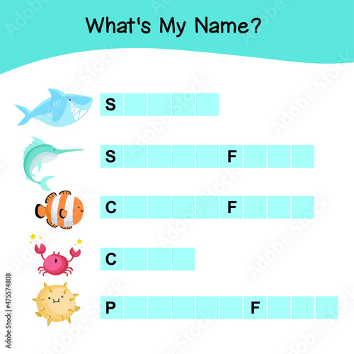Whats my name worksheet. Cute Animal vector with guessing their name Worksheet. Educational activity for preschool kids. Preschool Education. Vector illustration.