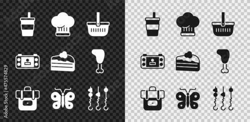 Set Paper glass with water, Chef hat, Picnic basket, Hiking backpack, Butterfly, Grilled shish kebab on skewer, Portable video game console and Piece of cake icon. Vector