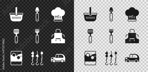 Set Picnic basket, Spoon, Chef hat, Glass of whiskey with ice, Grilled shish kebab skewer, Car, Spatula and Fork icon. Vector