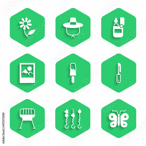 Set Ice cream, Grilled shish kebab on skewer, Butterfly, Knife, Barbecue grill, Photo frame, Lighter and Flower icon. Vector