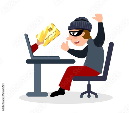Online fraud. A criminal, a robber in a black mask steal personal information from a computer. The concept of internet activity or security hacking. Cartoon vector illustration.