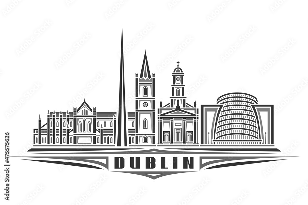 Vector illustration of Dublin, monochrome horizontal poster with linear design dublin city scape, urban european line art concept with decorative lettering for black word dublin on white background