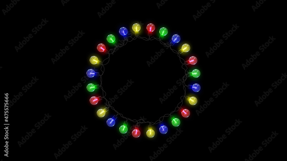3d rendering colorful string lights ,new year and christmas lights,rgb light show,circle frame on dark background
