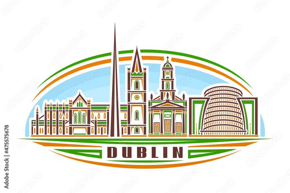 Obraz premium Vector illustration of Dublin, horizontal logo with linear design orange dublin city scape on day sky background, famous urban line art concept with decorative lettering for brown word dublin on white