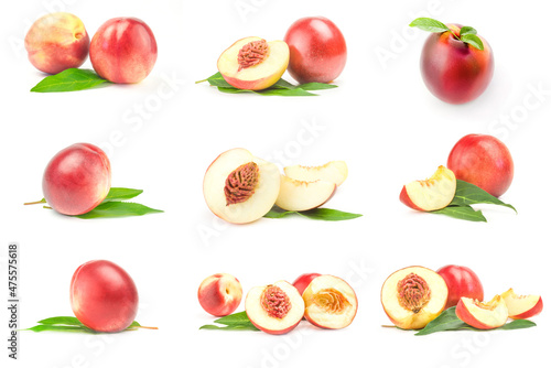 Collage of beautiful ripe peaches isolated on a white cutout