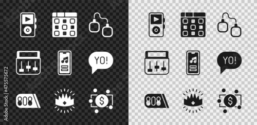 Set Music player, Drum machine music, Handcuffs, King crown, Stacks paper money cash, and icon. Vector