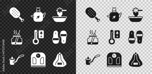 Set Sauna brush, Teapot with leaf, Honey dipper stick bowl, ladle, Bathroom scales, hat, Aroma diffuser and thermometer icon. Vector