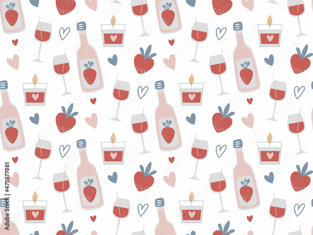 Card Template design for Valentine's day : Seamless Pattern with Strawberries and champagne