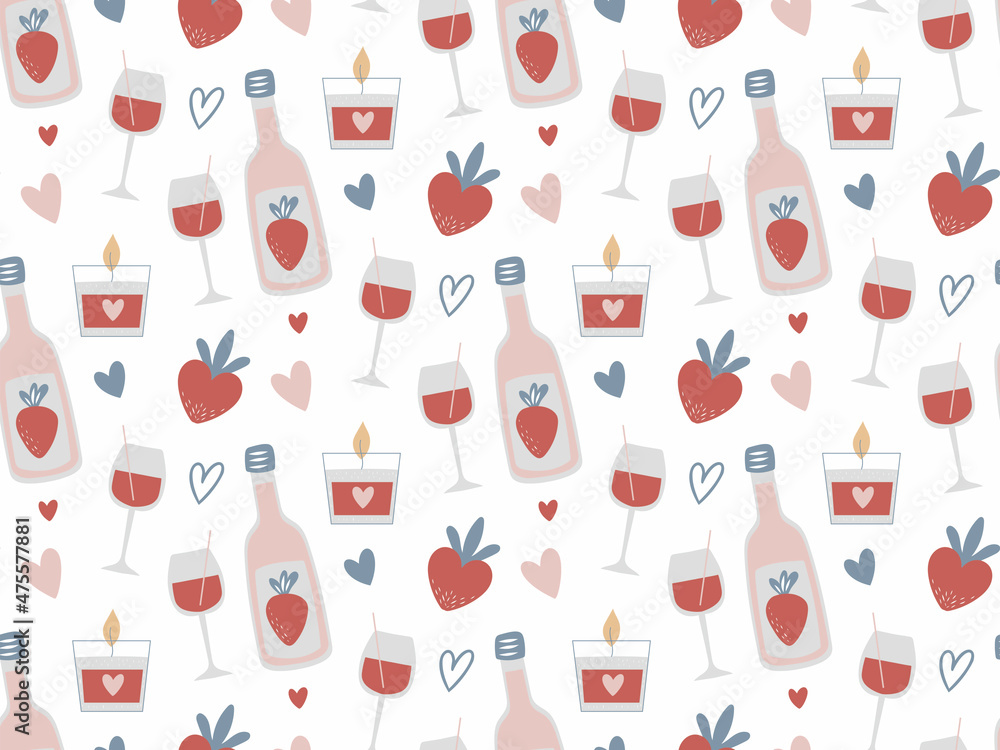 Card Template design for Valentine's day : Seamless Pattern with Strawberries and champagne Card Template design for Valentine's day : Seamless Pattern with Strawberries and champagne