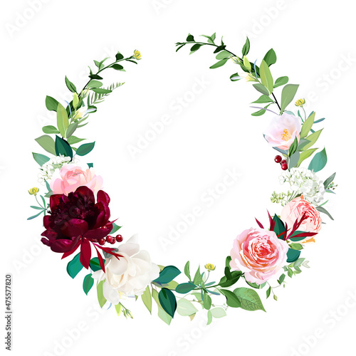 Blush pink roses, hydrangea, red peony vector design invitation frame