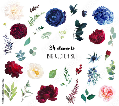 Red and navy rose, blue hydrangea, beige dahlia, ranunculus, spring garden flowers