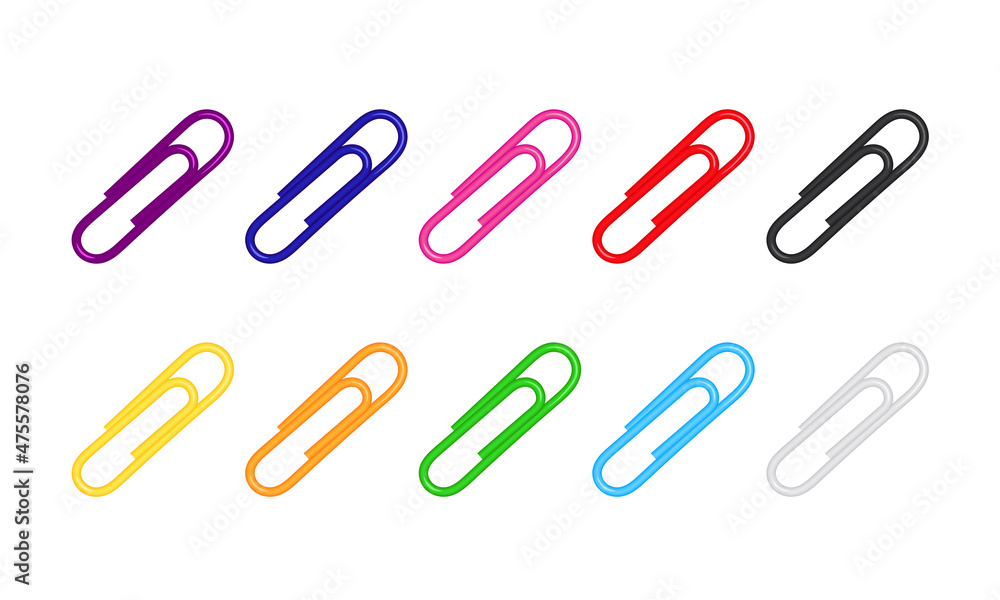 3d realistic vector set of metal paper clips. Purple, red, blue, black, white, green, yellow, orange, pink. Isolated on white background. Editable vector illutration 3d realistic vector set of metal paper clips. Purple, red, blue, black, white, green, yellow, orange, pink. Isolated on white background. Editable vector illutration