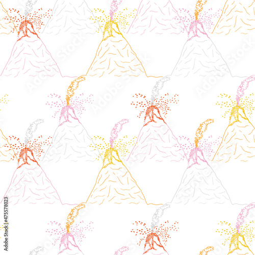 Volcano pattern repeat colourful background print design in pink, orange, yellow and grey line art over white background. Fun vector illustration. Surface pattern design for kids adventures.