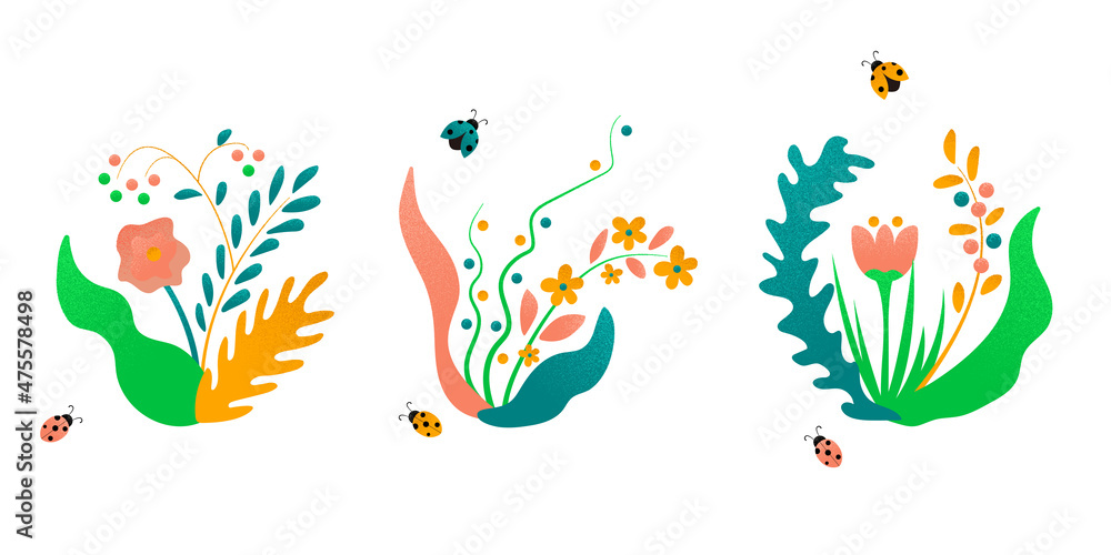 Set of abstract bright spring flowers with twigs, bugs and leaves. Grain effect, hand draw flat elements. Cartoon doodle style vector illustration. Tropical design with particle texture