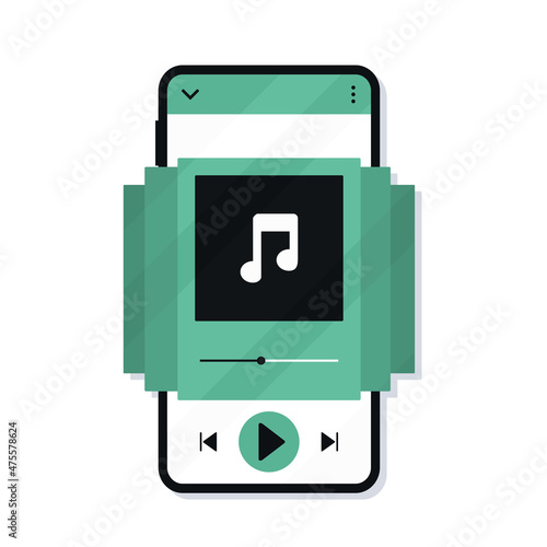 Mobile phone music player app. Phone playing audio song. Illustration vector