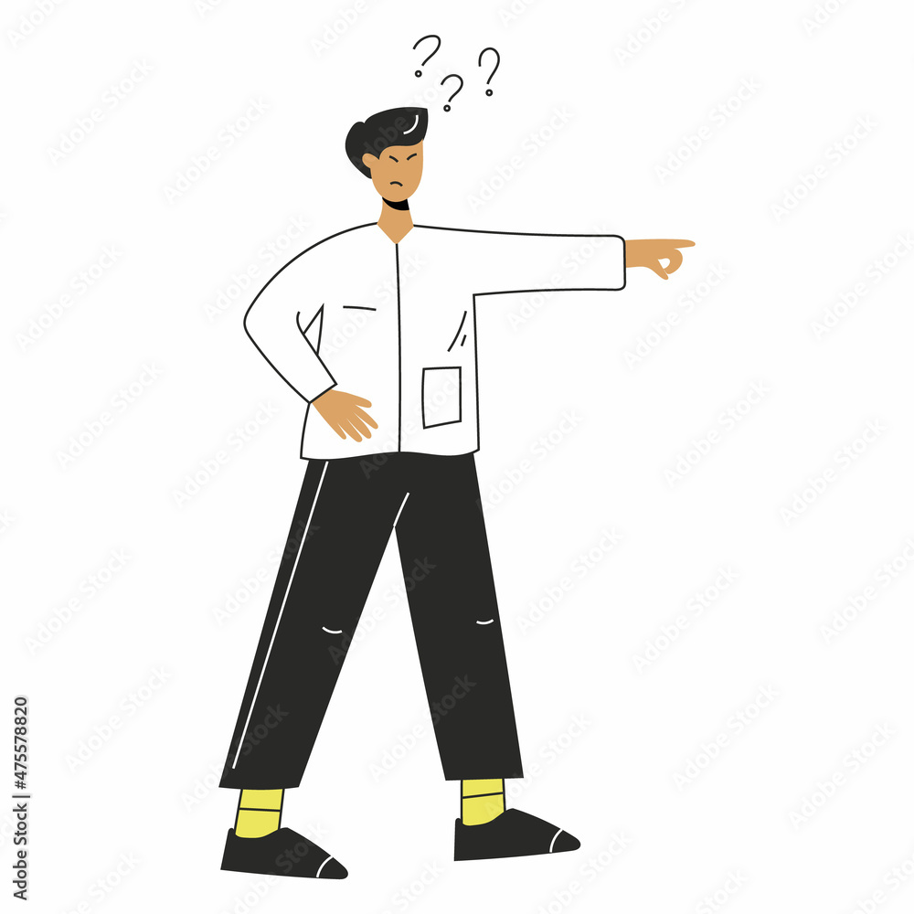 The man points to the side. Hand gesture, discontent. Vector illustration