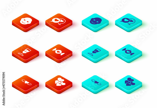 Set Heart with wings, Glass of champagne, Candy, speech bubble and Romantic man icon. Vector