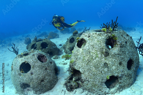 Collection of artificial reef balls Curacao Island NA.