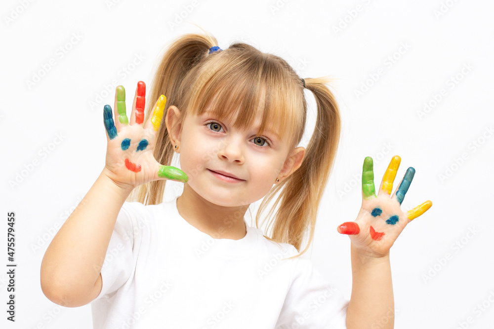 beautiful little girl with her hands in the paint beautiful little girl with her hands in the paint