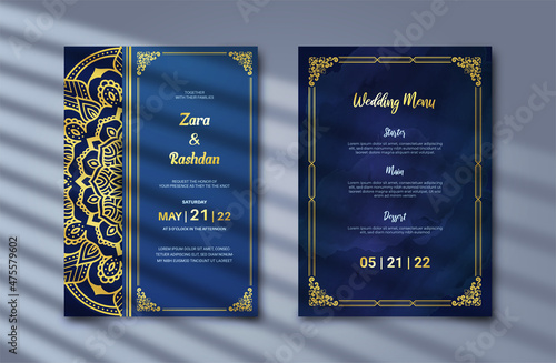 Luxury wedding invitation card with Baroque frame and golden mandala ornament on dark blue background. Islamic invitation template