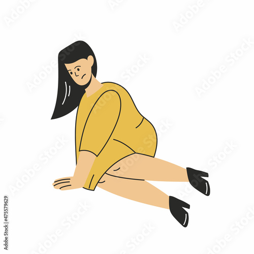 A young upset woman is sitting on the floor. Psychological disorder, emotional burnout. Vector illustration