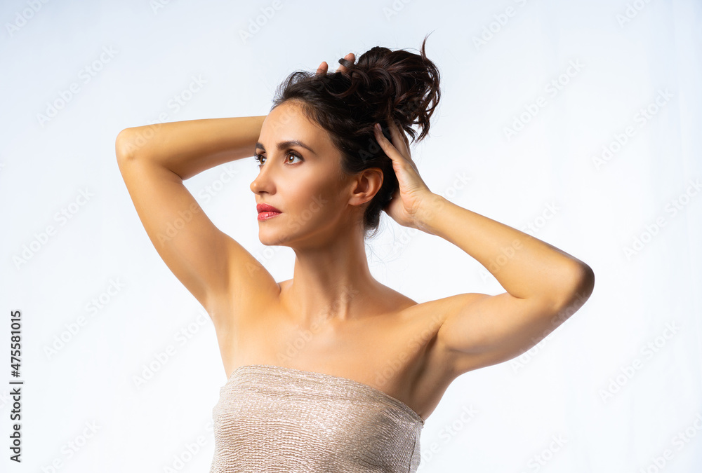 close-up portrait of a woman. beauty industry. personal care. the girl in the studio shows the zones on the face. isolated white background close-up portrait of a woman. beauty industry. personal care. the girl in the studio shows the zones on the face. isolated white background