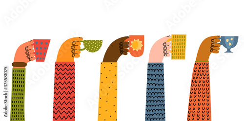 Hands holds cups of tea, or coffee. Hand drawn doodle illustration. 