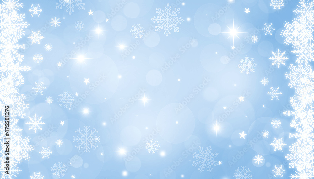 Shiny white frame with snowflakes on a light blue bokeh background with stars and sparkles. Festive Christmas banner