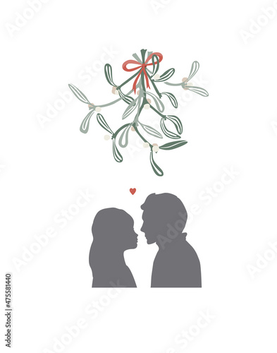 Xmas kissing under mistletoe branch. The guy and the girl are going to kiss. A gentle first kiss. Relations, love, date, love, affection, teens love concept